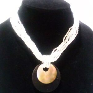 Boho Inspired White Seed Bead and Mother of Pearl Shell Pendant Necklace